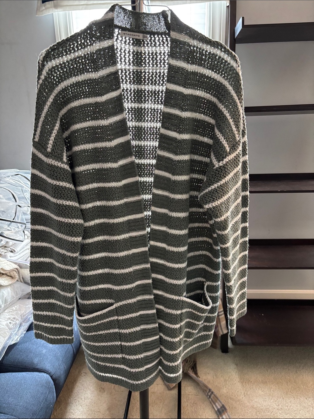 Staccato Olive Green and White Striped Open-Front Cardigan